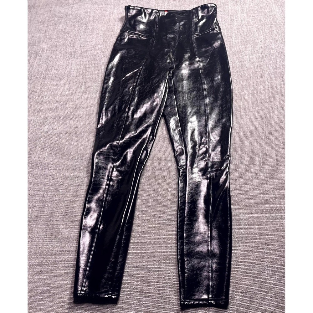Spanx Faux Patent Leather Leggings Womens Medium Black Yoga Performance Pull On